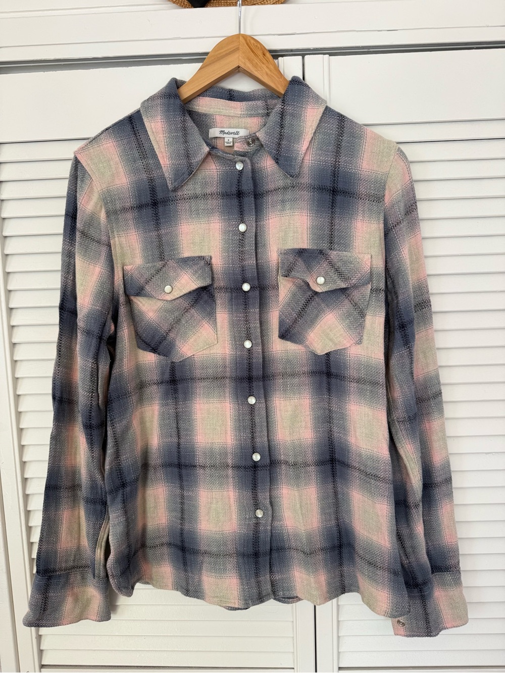 Madewell Plaid Snap-Front Flannel Shirt Size 8 Pink Gray